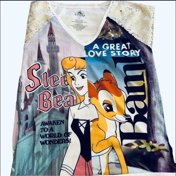 DISNEY SLEEPING BEAUTY BAMBI SEQUIN SLEEVE WOMEN’S TOP Sz L - Picture 6 of 8